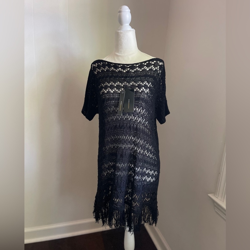 BCBG MaxAzria Black Crochet Cover Up Dress Fringe NWT Sexy Western Festival Goth